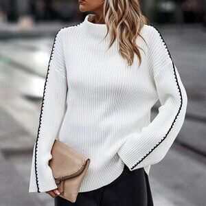 Strip Color Block High Neck Sweater - White